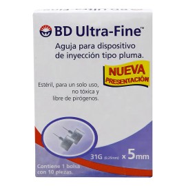 Aguja Para Dispositivo De Inyección Tipo Pluma 31g X 5mm 10 Capacidad en volumen 10 mL