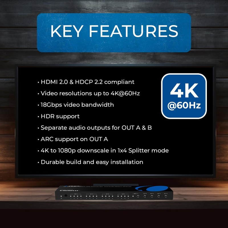 OREI 4x4 4K HDMI Matrix Switcher Splitter, (4-Input, 4-Output) Switch