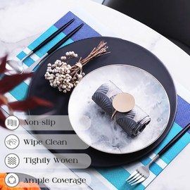 Elistonie Washable Place Mats Set of 6 Striped Vinyl Dining Mat Place Mat Wipe Clean Place Mats for Kitchen Tear-Resistant Heat Resistant Non-Slip Placemats for Dining Table, Restaurant (Ocean Blue)