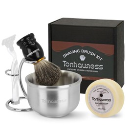 Shaving Brush Set for Men, 4 in 1 Shaving Brush Set with Badger Hair Shaving Brush, Stainless Steel Shaving Bowl, Shaving Stand and Soap