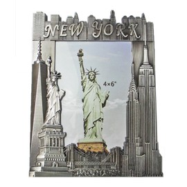 New York Souvenir Metal Pewter Picture Frame with Statue of Liberty Empire State Building Freedom Tower NYC Skyline Fits 4x6 Photo
