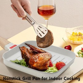 Foorey Home Grill Pan with Lid Non Stick Griddle Pan for Stove Top Indoor Cooking Steak Pan Square Aluminum Skillet Grilling Induction Compatible with Tong White 7.48 inches