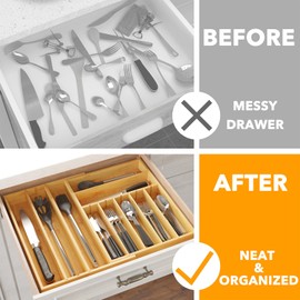SpaceAid 2.5" High Bamboo Silverware Drawer Organizer with Labels, Kitchen Utensil Expandable Tray Holder for Flatware, Cutlery, Spoon and Knives Drawer Storage Organization (Natural)