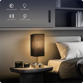Bedside Lamp with USB Ports - Touch Control Table Lamp for Bedroom with USB C+A Charging Ports & AC Outlets, 3 Way Dimmable Nightstand Light for Living Room (LED Bulb Included, Brass - Black)