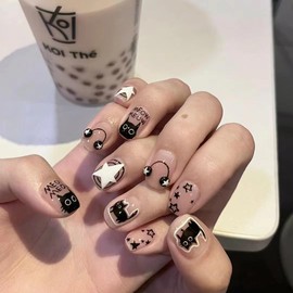 Nail Tip, Short, 24 Pieces, Nail Tip, False Claws, Cat Eye, Black, Popular, Japanese Style, Cute, Simple, Fashionable Party, Nail Tip, Autumn, Spring, Summer, Bridesmaids, Glossy, Coming of Age