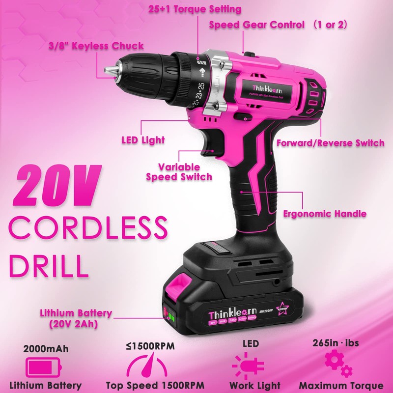 ThinkLearn Tool Kit with 20V Cordless Drill(265in-lbs), Pink Drill Set