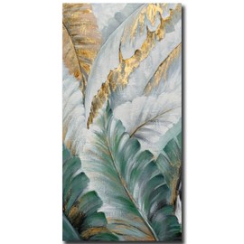 Boieesen Art,24x48Inch Hand-Painted Abstract Banana Leaf Oil Painting Green leaves Wall Art Tropical Style Artwork White Gold Acrylic Canvas Painting Wood Inside Framed Ready to Hang