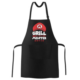 MoonWorks® Barbecue Apron for Men with Name Grillmeister Super Griller Parody Video Game Figure Funny, Super red black
