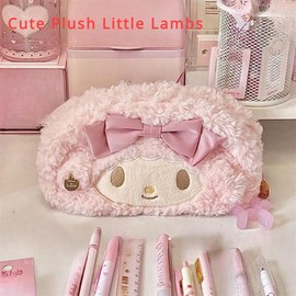 Vobomo Cute Bow Lamb Large Capacity Pencil Case Plush Pen Holder Sweety Pencil Pouch Box Cute Aesthetic Pen Case (Strawberry pink)