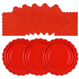 HFBOBP 50 Stück rote gewellte Pappteller und Servietten für Abendessen und Dessert, Einweg-Partyzubehör für Abschlussfeier, Urlaub, Hochzeit, Geburtstag, Party, Babyparty, Dekorationen