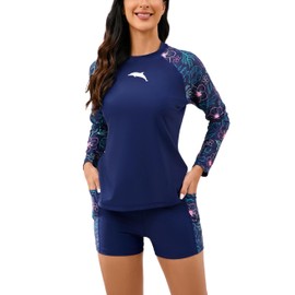 Halcurt Women Modest Swim Top with Shorts Long Sleeve Built in Bra Rash Guard Two Piece Bathing Suit Navy Floral XL