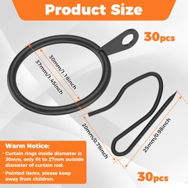 Metal Drapery Black Curtain Rings Curtain Hanging Rings and 30PCS Metal Curtain Drapery Pin Hooks for Window Door Shower Curtain, Pinch Pleat Curtain Hooks, 1.18"/30mm Internal Diameter (30)