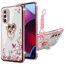 KuDiNi Moto G Stylus 2022 Case, G Stylus 4G Case for Women Glitter Crystal Bling Cute Butterfly Heart Floral Clear TPU Protective Cover with Kickstand+Strap (Rose Gold)