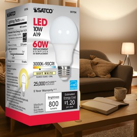 Satco S9704 10W A19 LED Bulb, 3000K Soft White, 800 Lumens, 90+ CRI, Frosted Finish, 220° Omni-Directional Beam, Medium E26 Base, Dimmable, 120V, Enclosed Fixture Rated, 25,000 Hour Life (24 Pack)