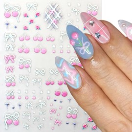 2Pcs Pink Cherry Bow Nail Art Stickers Heart Nail Decals 5D Embossed Hawaiian Flower Self Adhesive Bow Nail Stickers Jelly Starfish Embossed Grapes Nail Design Manicure Supplies Decoration for Women