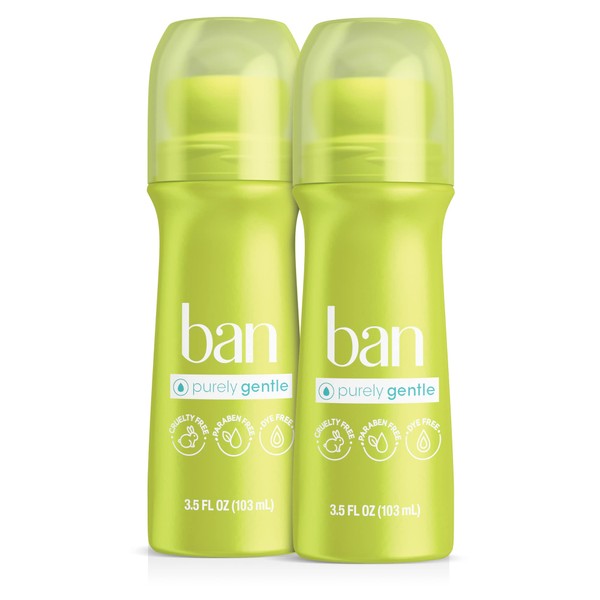 Ban Roll-On Antiperspirant Deodorant for Women and Men, Purely Gentle, for Sensitive Skin, Unscented, No White Residue, Non-Irritating, 24 Hour Odor and Wetness Protection, 3.5 oz (Pack of 2)