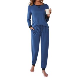 Ekouaer Women's Pajamas Sets Long Sleeve Pjs Soft Sleepwear O Neck 2 Piece Joggers Loung Set with Pockets Blue Large