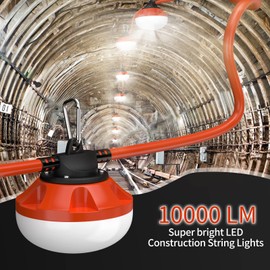 Muasdae 100FT LED Construction String Lights 10 Bulbs,10000LM,Industrial Grade,Weatherproof, Linkable 5000K Super Bright for Job Sites, Mining, Patios & Outdoor Work,Free for Climbing Hook 2Prong