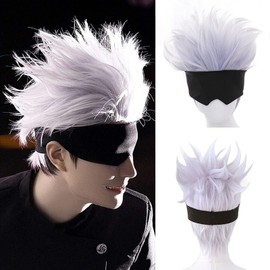 Ebingoo Cosplay Wig Cap + Black Blindfold + Short Wavy Light Purple Mix Silver Wig for Anime, Heat Resistant