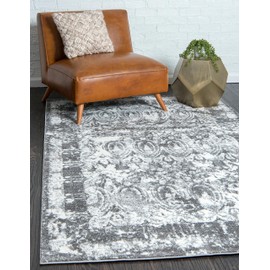 Unique Loom Rosso Collection Vintage, Traditional, Distressed, Bohemian, Botanical, Southwestern Area Rug, 4' 0 x 6' 0 Rectangular, Gray/Ivory