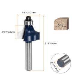 sourcing map Roundover Router Bit 1/4 Shank 3/16" Radius Carbide Tipped Edge Rounding Over Bit with Bearing Guide, Woodworking Milling Tool Blue