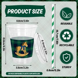 50Pcs 12Oz Green Blue Tartan Plaid Plastic Cups with Lids and Straws Vintage Preppy Bear Rocking Horse Disposable Cold Drink Cup for We Can Bearly Wait Baby Shower Party Birthday Supplies