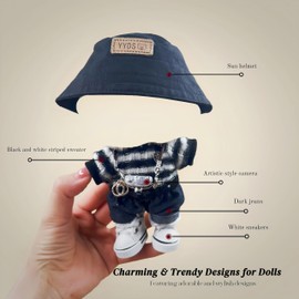 17cm (6.7In) Doll Clothes Set - 2 Adorable Outfits with Jeans, Striped Sweater, Camera, Sneakers, hat | Stylish Dress-Up Collection for Play and Display（Suitable for 6In to 7.5In）