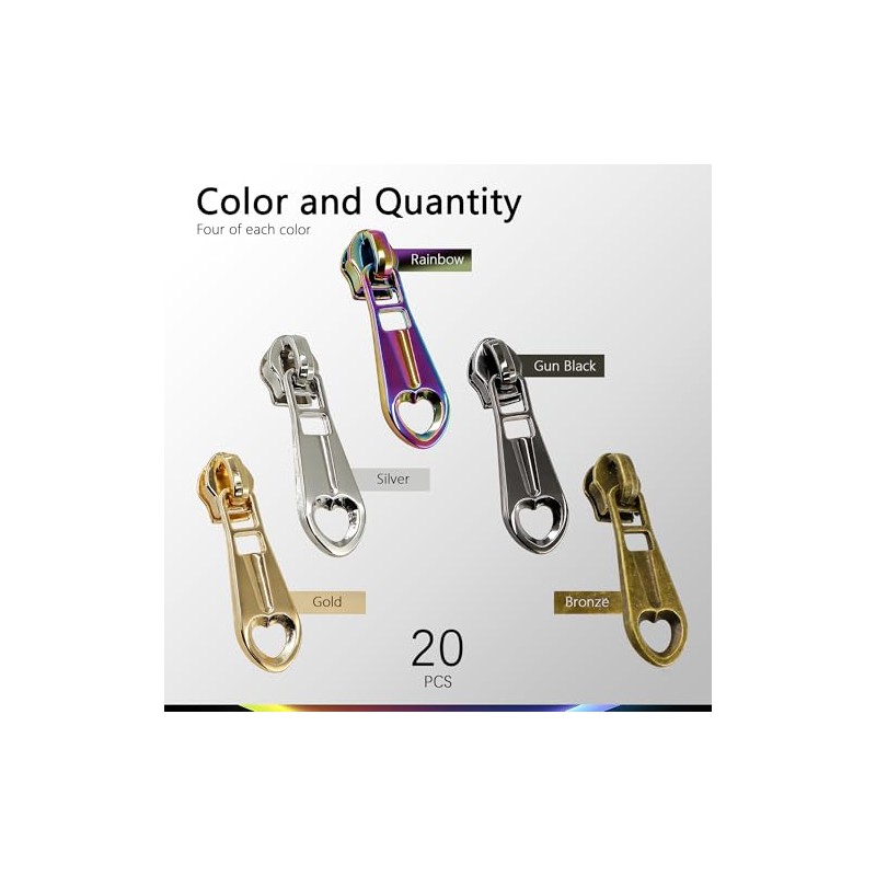 SHRJ 20Pcs #5 Zippers Pulls Heart-Shaped Zipper Sliders 5 Colors