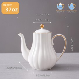 Agyiuns Tea Pot, Porcelain Teapot 37oz，tea pots for tea party，Tea Infuser Pots for Blooming loose Leaf Tea(White)