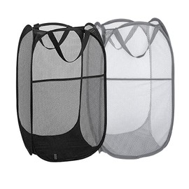 Buenod Pop Up Laundry Hampers, Collapsible Mesh Laundry Baskets for Home, Dorm, Travel, Portable Clothes Hampers, Pack of 2 (Black + Grey)