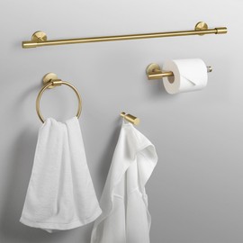 Globe Electric 63000063 5-Piece All-in-One Bathroom Accessory Set, Matte Brass Finish, 24" 3-Light Vanity Light, Clear Glass Shades, Towel Bar, Toilet Paper Holder, Towel Ring, Robe Hook