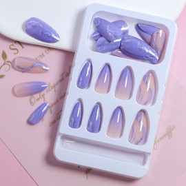 Medium Press on Nails Almond Purple Gradient Nails Acrylic False Nails with Silver Glitter Swirl Design Artificial Fake Nails Reusable Gel Stick on Nails for Women