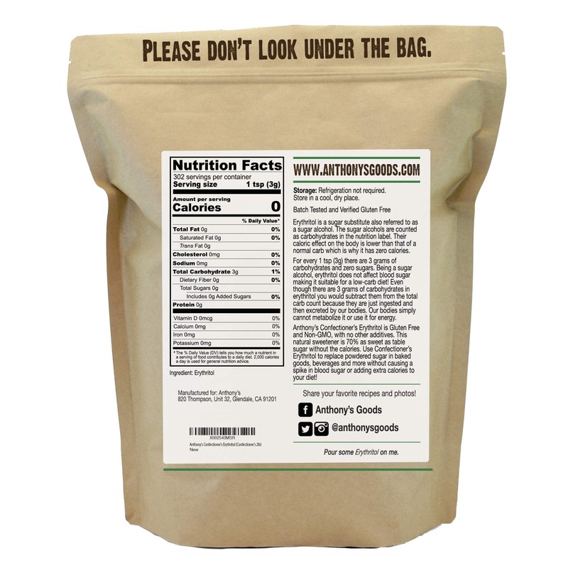 Anthony's Confectioner's Erythritol Powder, 2 lb, Non GMO, Sweetener, Zero