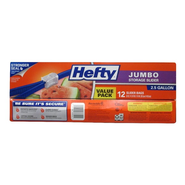 Hefty Slider Jumbo Storage Bags, 2.5 Gallon Size, 12 Count (Pack of 9), 108 Total