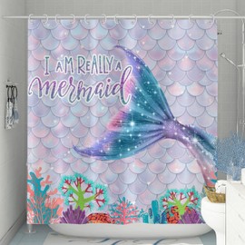 Hnmdmyi Shower Curtain Mermaid 180 x 200 cm, Blue Purple Mermaid Tail Fish Scales Ocean Theme Coral 3D Fluorescent Children Girls Bath Curtain Waterproof Fabric Washable Bath Curtain
