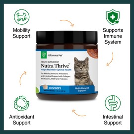 Ultimate Pet Nutrition Nutra Thrive™ Cat Supplement, Vet-Developed Powder for Mobility, Immune Support, Antioxidants & Digestion with Probiotics, Collagen, & Superfoods, 30 Servings