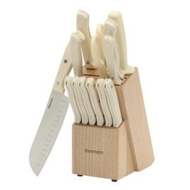 Kenmore Kane 14-Piece Stainless Steel Kitchen Knife Block Set – Triple Rivet ABS Handles, Cream White – Chef, Bread, Utility, Paring, Steak Knives & Kitchen Shears in Wood Storage Block