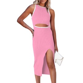 PRETTYGARDEN Women's Summer Midi Bodycon Dresses Casual Crew Neck Side Slit Sleeveless Knit Cut Out Tank Top Dress (Z-Pink,X-Large)