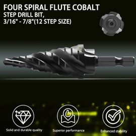ENBMEI M35 Cobalt Step Drill Bit Four Spiral Flute, 3/16"-7/8" (12 Step Sizes) - Ideal for Metal, Stainless Steel, Wood, Plastic - 1/4" Hex Shank