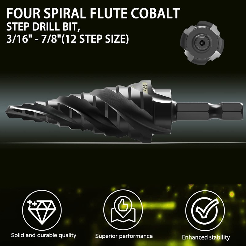 ENBMEI M35 Cobalt Step Drill Bit Four Spiral Flute, 3/16"-7/8"