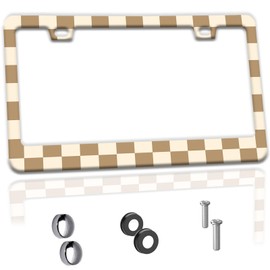Beige Brown Checkered License Plate Frame Fashion Funny Aluminum License Plate Holder Car Tags Decorative Car Accessories with Screws for Women Men Fit Standard Us Canada Vehicles 12.3x6.3 inch