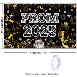 HOWAF Prom 2025 Backdrop Banner for Graduation Dancing Night Party Decoration, Black Gold Silver Welcome Banner, Prom 2025 Background Banner for Class of 2025 Congrats Grad Party Supplies
