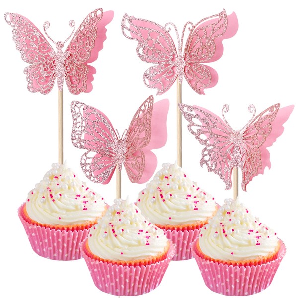 Paquete de 24 adornos de mariposa para cupcakes con temática de mariposa 3D con purpurina para baby shower, niños y niñas, suministros de decoración de pasteles rosa