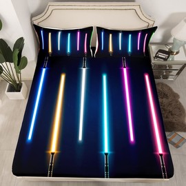 Colorful Lightsaber Fitted Sheet,Twin Size Lightsaber Collections Colorful Neon Theme,Soft Decorative Fabric Bedding Deep Pocket for Children Teens Young Boys Girls,with 1 Pillowcase