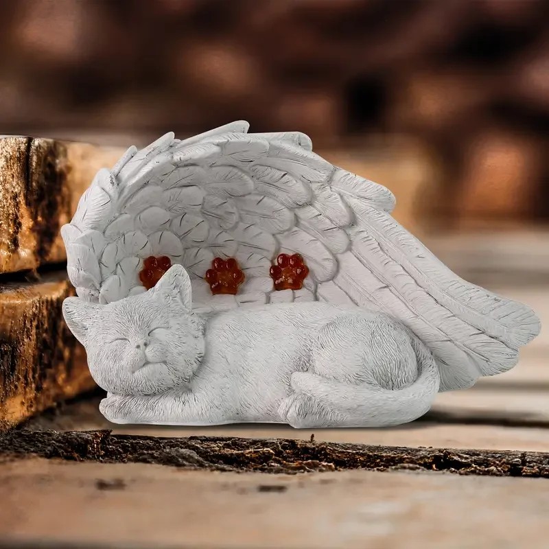 Solar Powered Angel Cat Memorial Sculpture, White Resin Sleeping Kitten