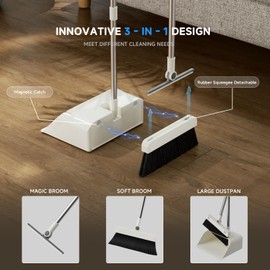 Broom and Dustpan Combo Set, Dust Pan with 3-in-1 Rubber Squeegee Broom Design 180° Silicone Broom with Self-Cleaning Teeth for Floor Bathroom Kitchen Shower Tile Pet with 1 Pack Grey Microfiber Cloth