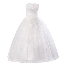 IDOPIP Sequin Appliques Flower Girl Dress for Kids Wedding Bridesmaid Pageant Party Formal Long Maxi Gown Big Little Princess First Communion Birthday Prom Shiny Puffy Tulle Dresses White 7-8 Years