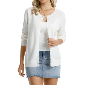 QUALFORT Women's Crewneck Cardigan Sweater 100% Cotton Relaxed Fit Lightweight Button Down Outerwear Off White Medium
