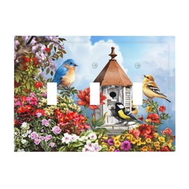 Colorful Songbird Birdhouse in Garden Flower 3 Gang Triple Toggle Light Switch Wall Plate Cover Decirative Electrical Faceplate for Bathroom Home Living Room 6.7" x 4.8"