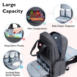 mommore Diaper Bag Backpack Large Travel Diaper Bags with Portable Changing Pad, Pacifier Case and Stroller Straps, Dark Grey